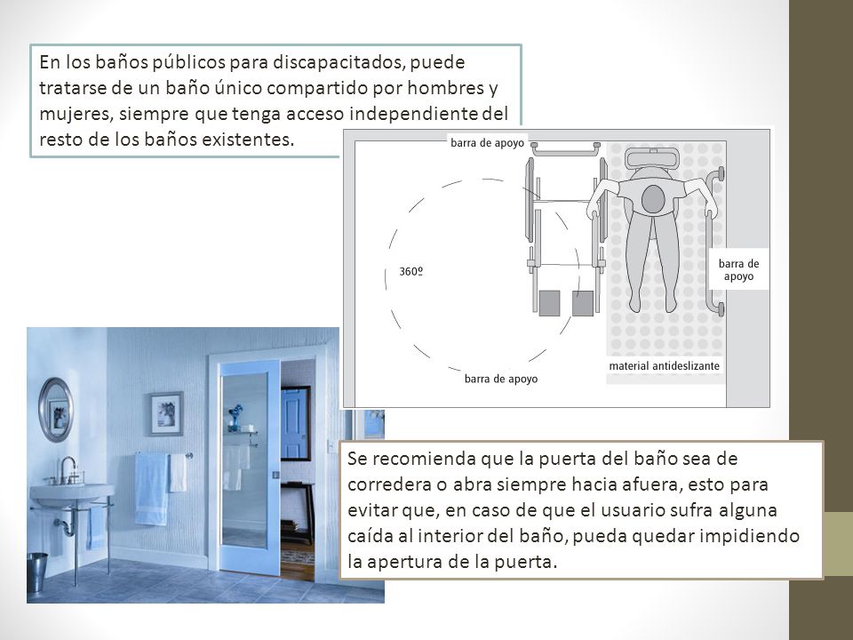 En los baños públicos para discapacitados, puede tratarse de un baño único compartido por hombres y mujeres, siempre que tenga acceso independiente del resto de los baños existentes.