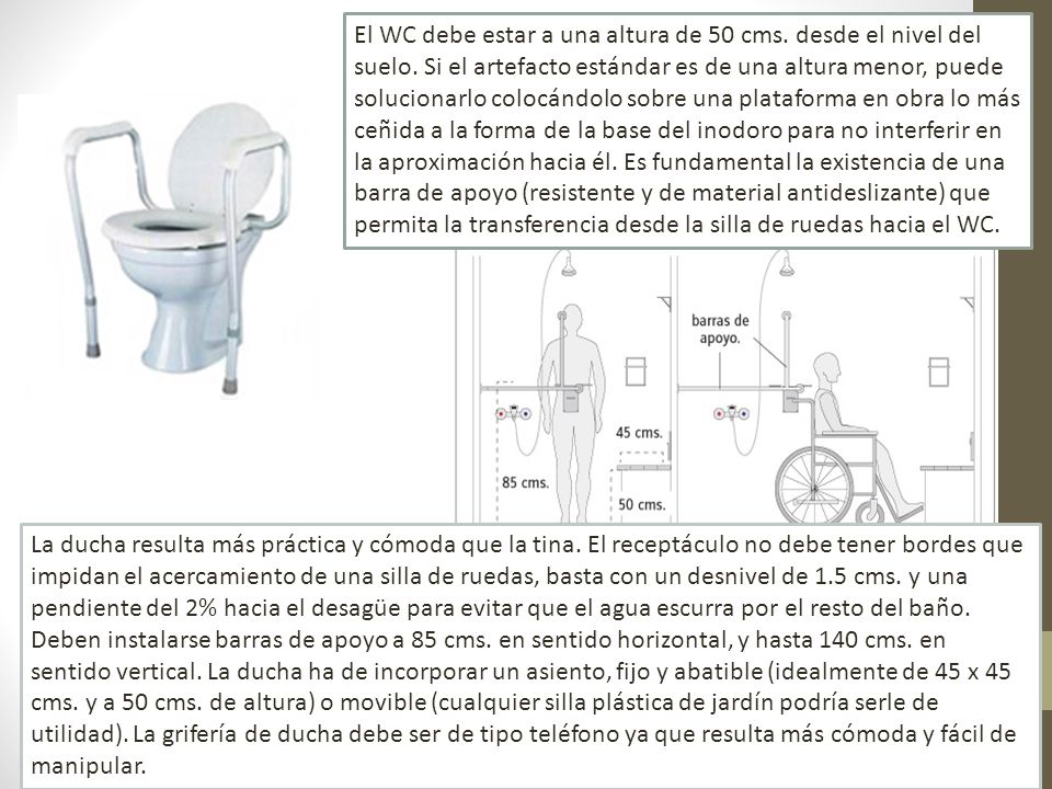 El WC debe estar a una altura de 50 cms. desde el nivel del suelo