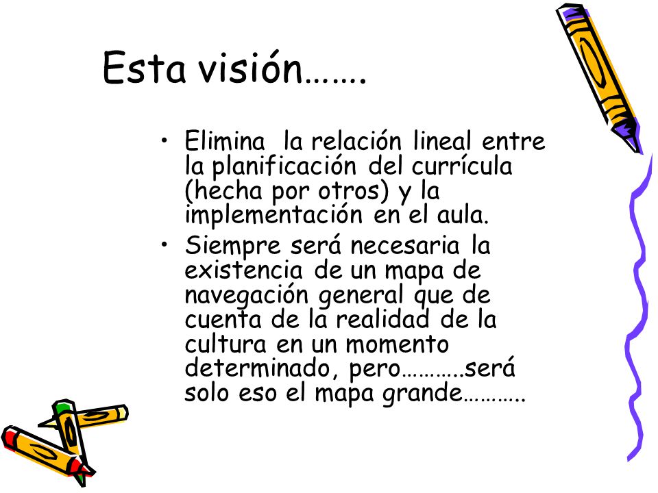 Esta visión……. Elimina la relación lineal entre la planificación del currícula (hecha por otros) y la implementación en el aula.