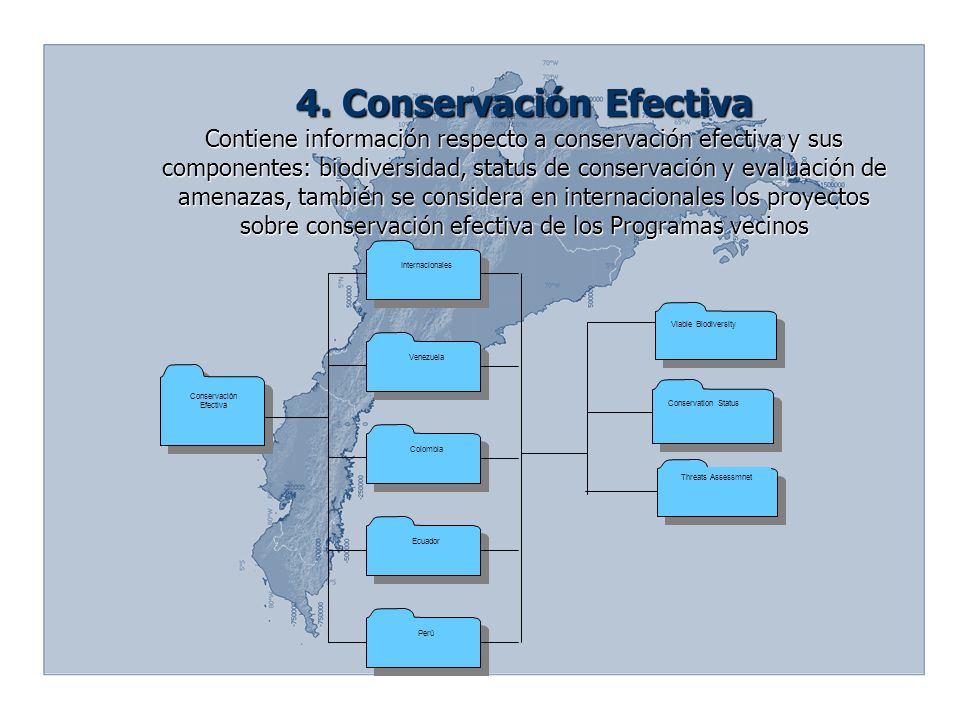 4. Conservación Efectiva Contiene información respecto a conservación efectiva y sus componentes: biodiversidad, status de conservación y evaluación de amenazas, también se considera en internacionales los proyectos sobre conservación efectiva de los Programas vecinos
