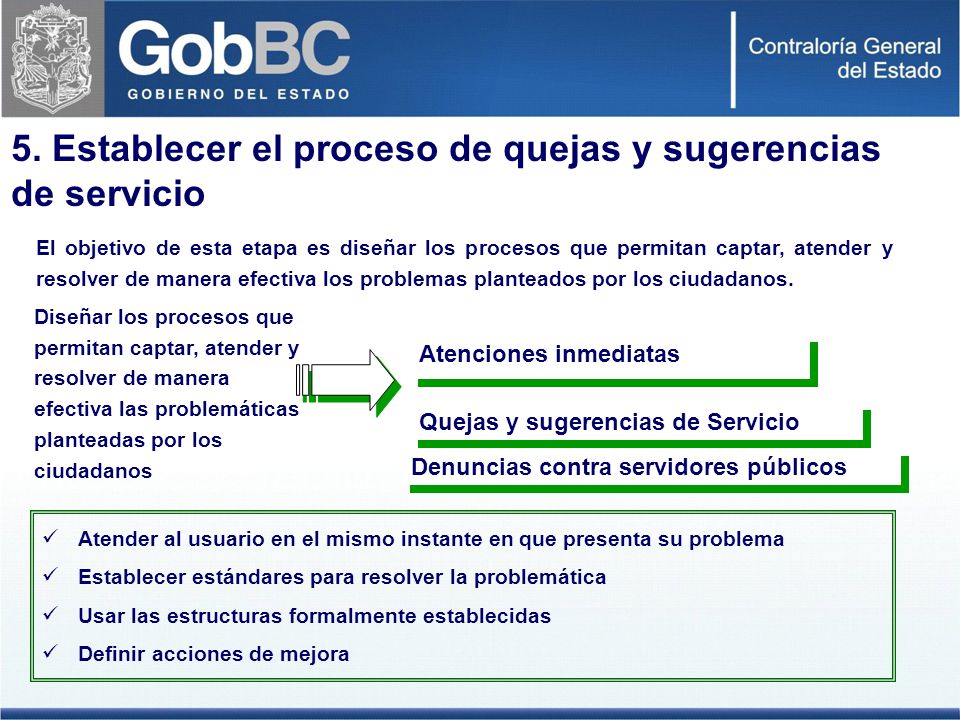 5. Establecer el proceso de quejas y sugerencias de servicio