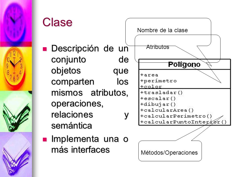 Clase Nombre de la clase. Atributos. Descripción de un conjunto de objetos que comparten los mismos atributos, operaciones, relaciones y semántica.