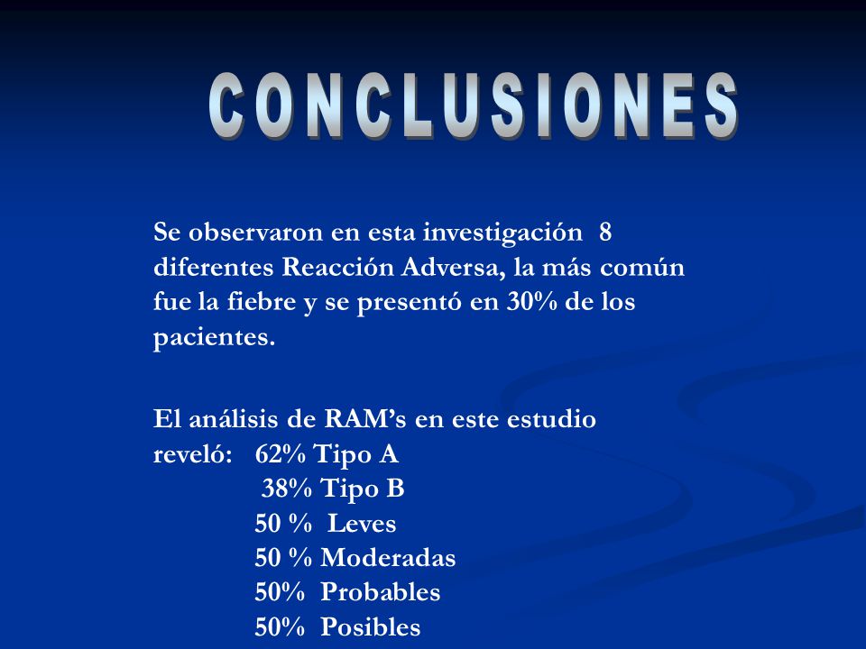 CONCLUSIONES Se observaron en esta investigación 8 diferentes Reacción Adversa, la más común fue la fiebre y se presentó en 30% de los pacientes.