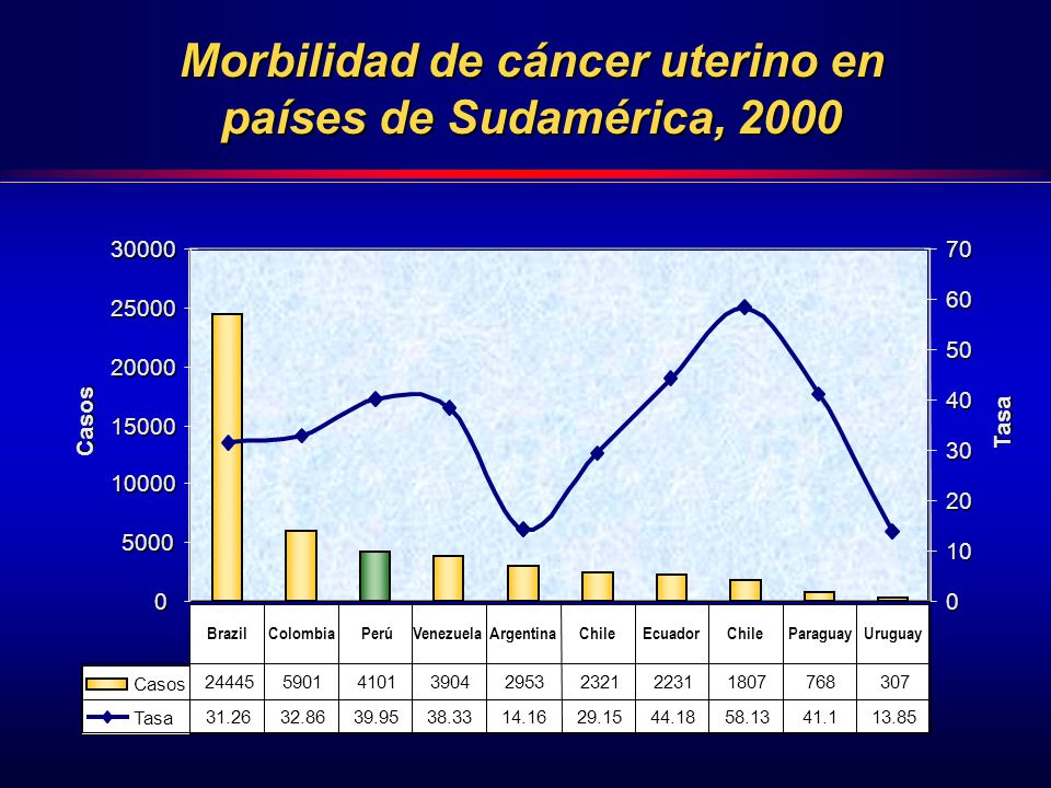Morbilidad de cáncer uterino en países de Sudamérica, 2000