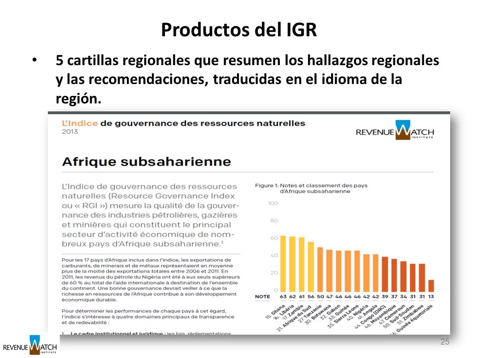 Productos del IGR 5 cartillas regionales que resumen los hallazgos regionales y las recomendaciones, traducidas en el idioma de la región.