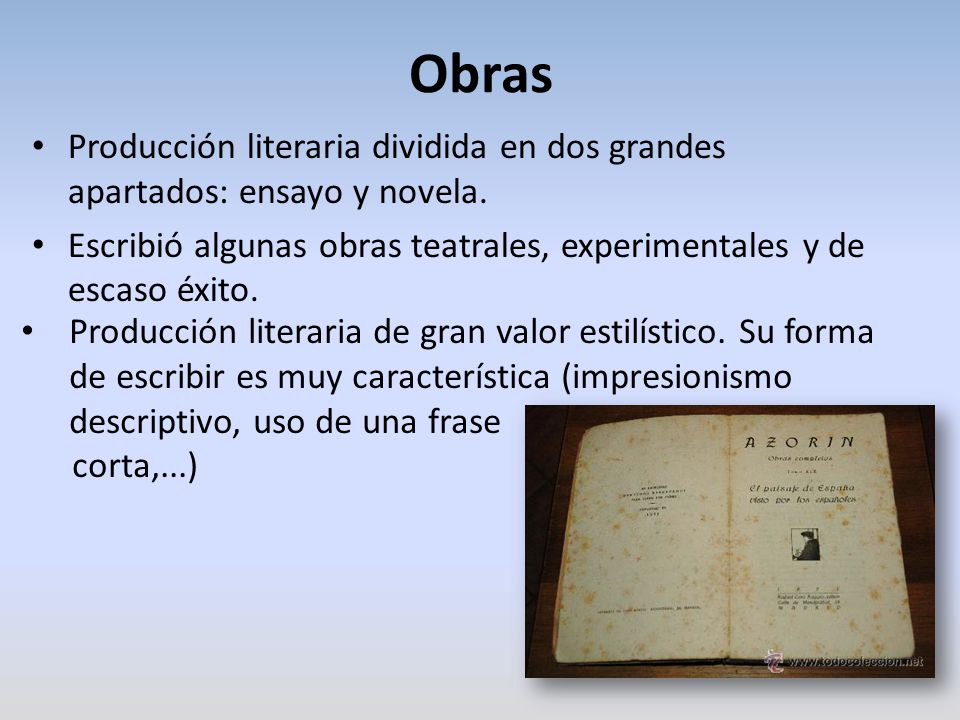 Obras Producción literaria dividida en dos grandes apartados: ensayo y novela. Escribió algunas obras teatrales, experimentales y de escaso éxito.