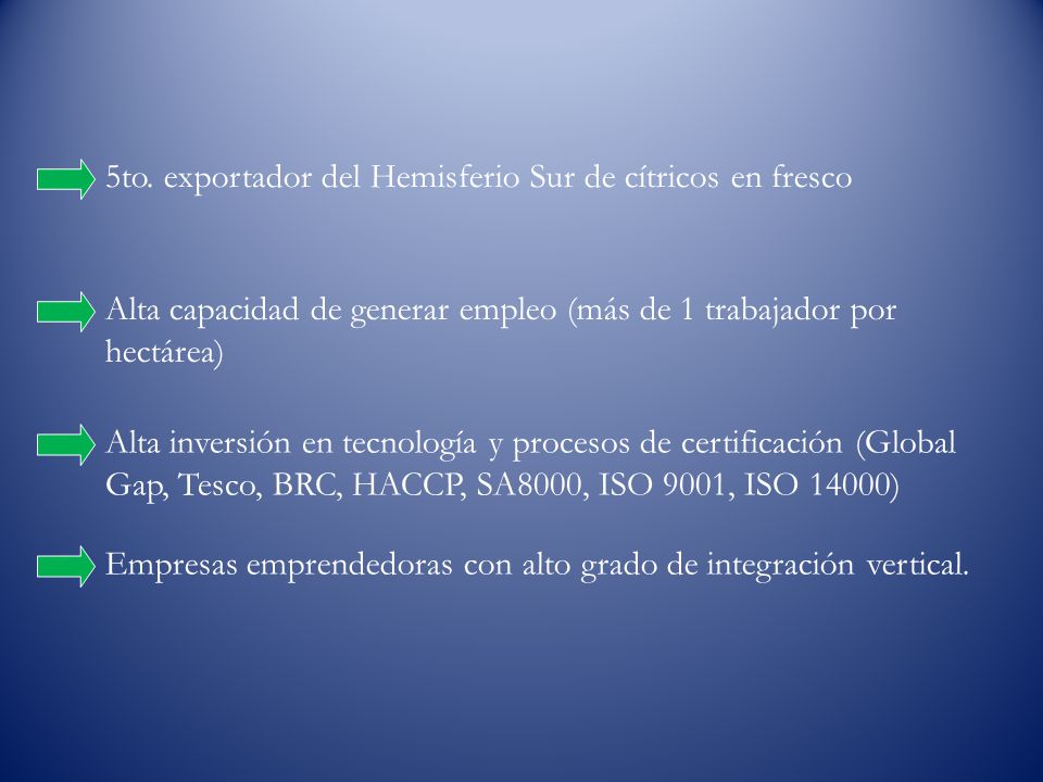5to. exportador del Hemisferio Sur de cítricos en fresco