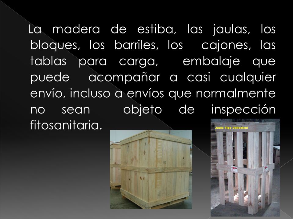 La madera de estiba, las jaulas, los bloques, los barriles, los cajones, las tablas para carga, embalaje que puede acompañar a casi cualquier envío, incluso a envíos que normalmente no sean objeto de inspección fitosanitaria.