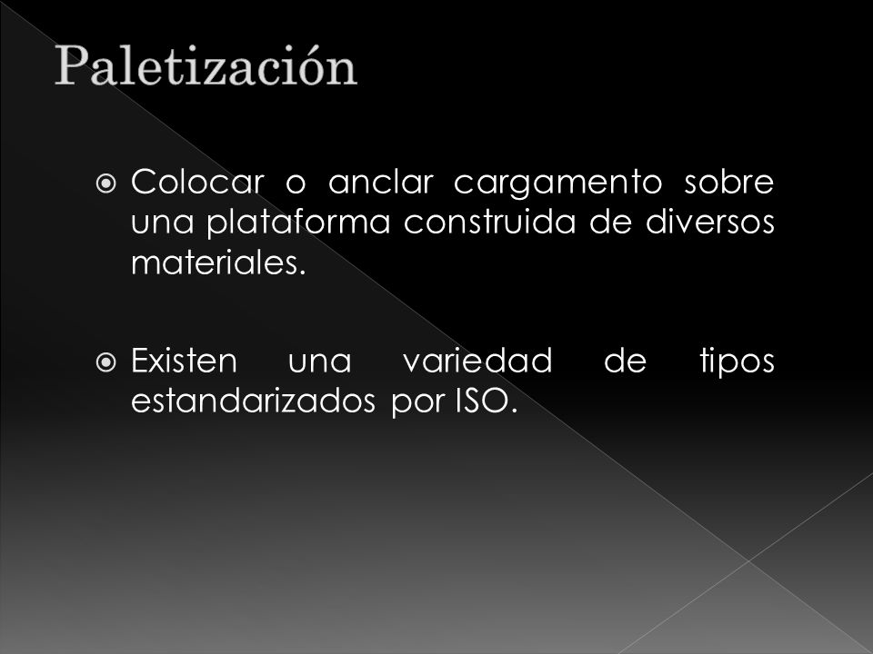 Paletización Colocar o anclar cargamento sobre una plataforma construida de diversos materiales.