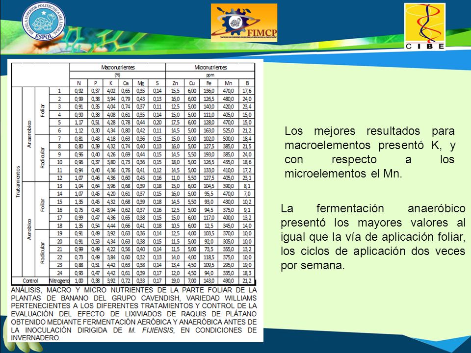 Los mejores resultados para macroelementos presentó K, y con respecto a los microelementos el Mn.