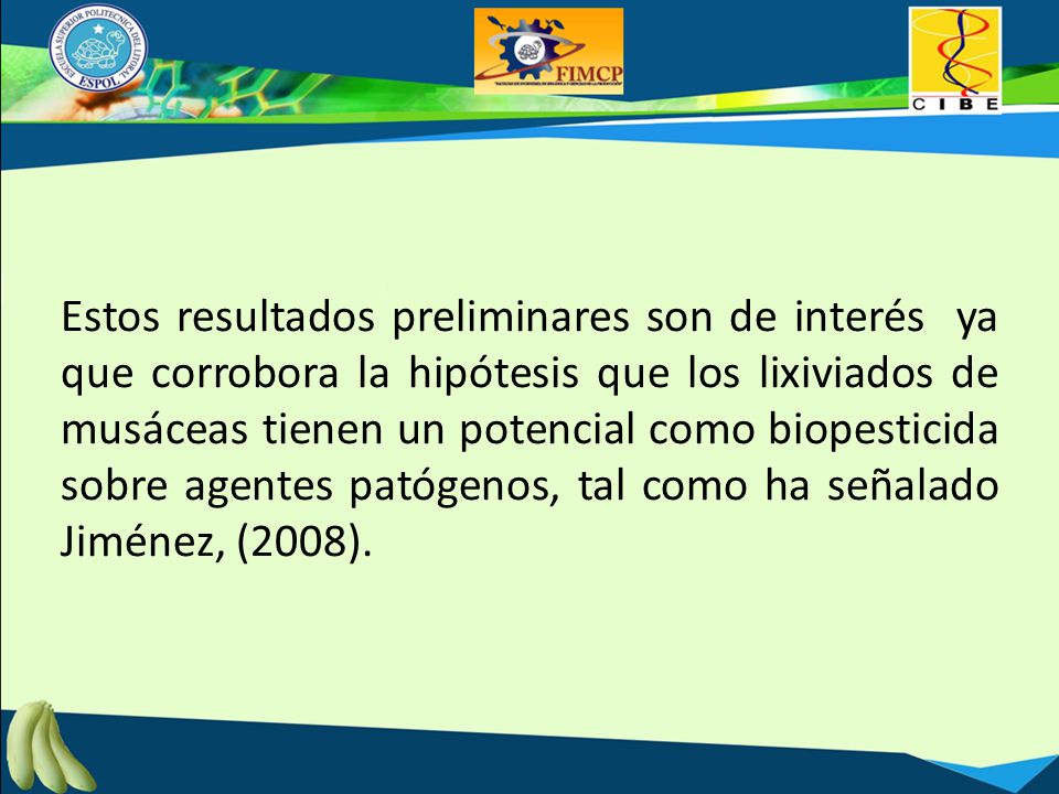 Estos resultados preliminares son de interés ya que corrobora la hipótesis que los lixiviados de musáceas tienen un potencial como biopesticida sobre agentes patógenos, tal como ha señalado Jiménez, (2008).