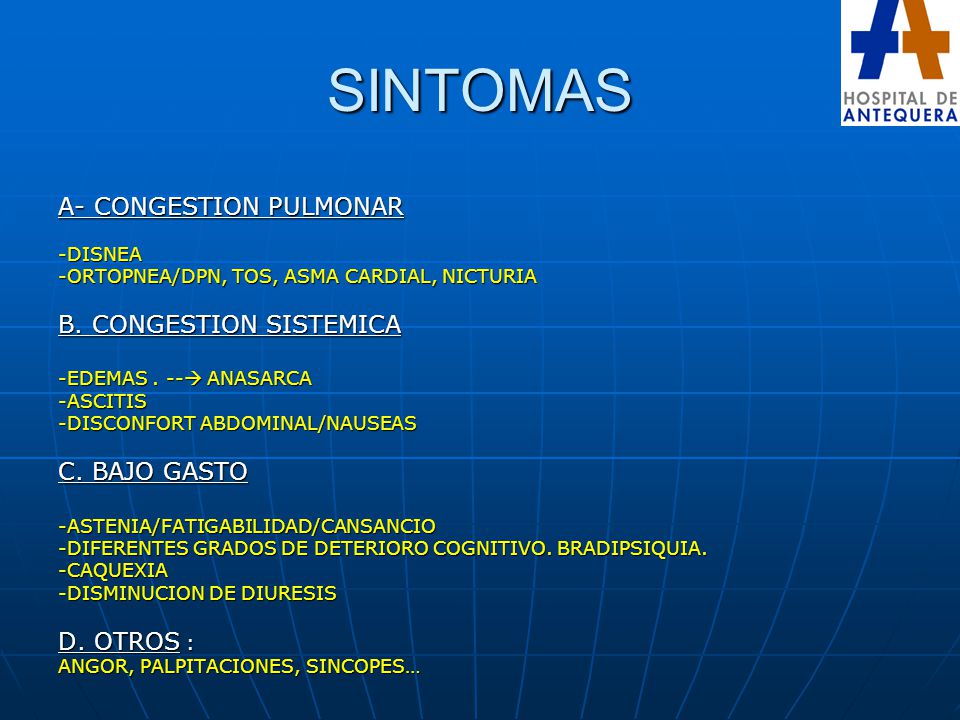 SINTOMAS A- CONGESTION PULMONAR B. CONGESTION SISTEMICA C. BAJO GASTO