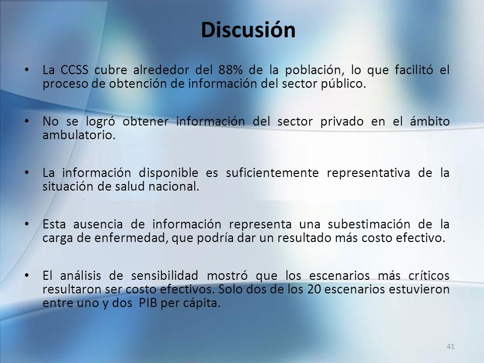 Discusión La CCSS cubre alrededor del 88% de la población, lo que facilitó el proceso de obtención de información del sector público.