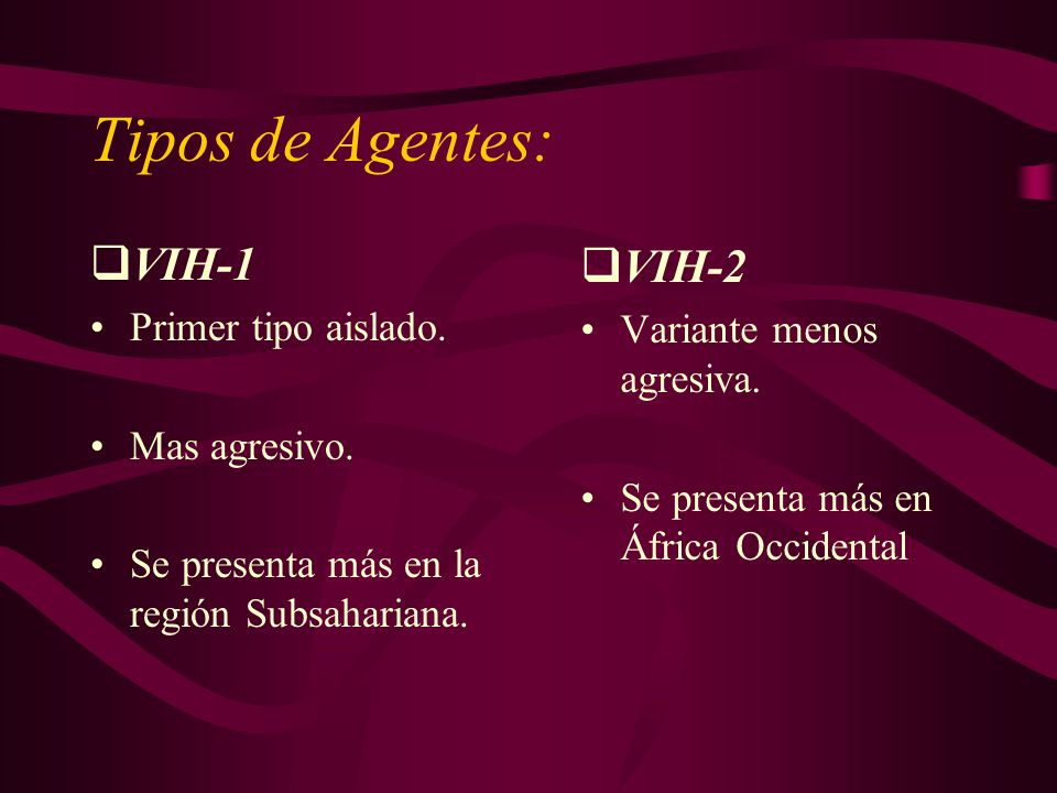 Tipos de Agentes: VIH-1 VIH-2 Primer tipo aislado.