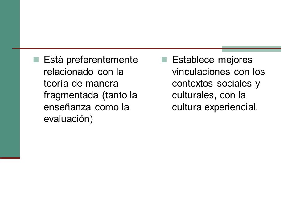 Está preferentemente relacionado con la teoría de manera fragmentada (tanto la enseñanza como la evaluación)