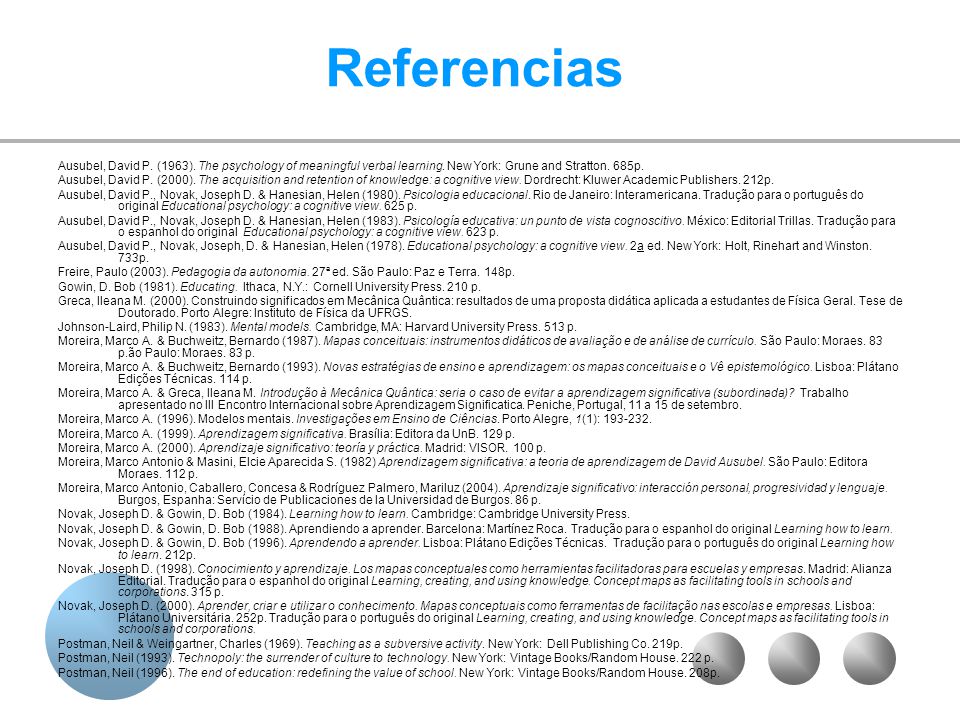 Referencias Ausubel, David P. (1963). The psychology of meaningful verbal learning. New York: Grune and Stratton. 685p.
