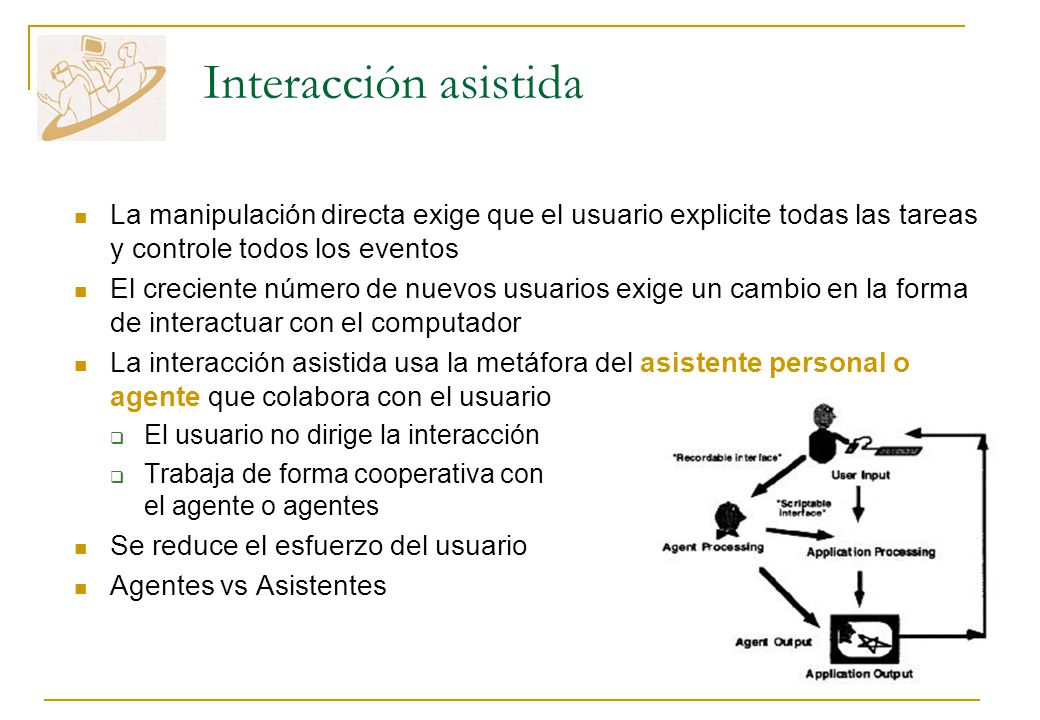 Interacción asistida La manipulación directa exige que el usuario explicite todas las tareas y controle todos los eventos.