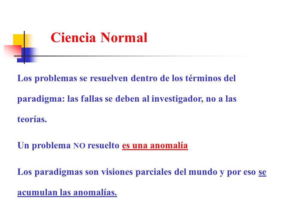 Ciencia Normal Los problemas se resuelven dentro de los términos del paradigma: las fallas se deben al investigador, no a las teorías.