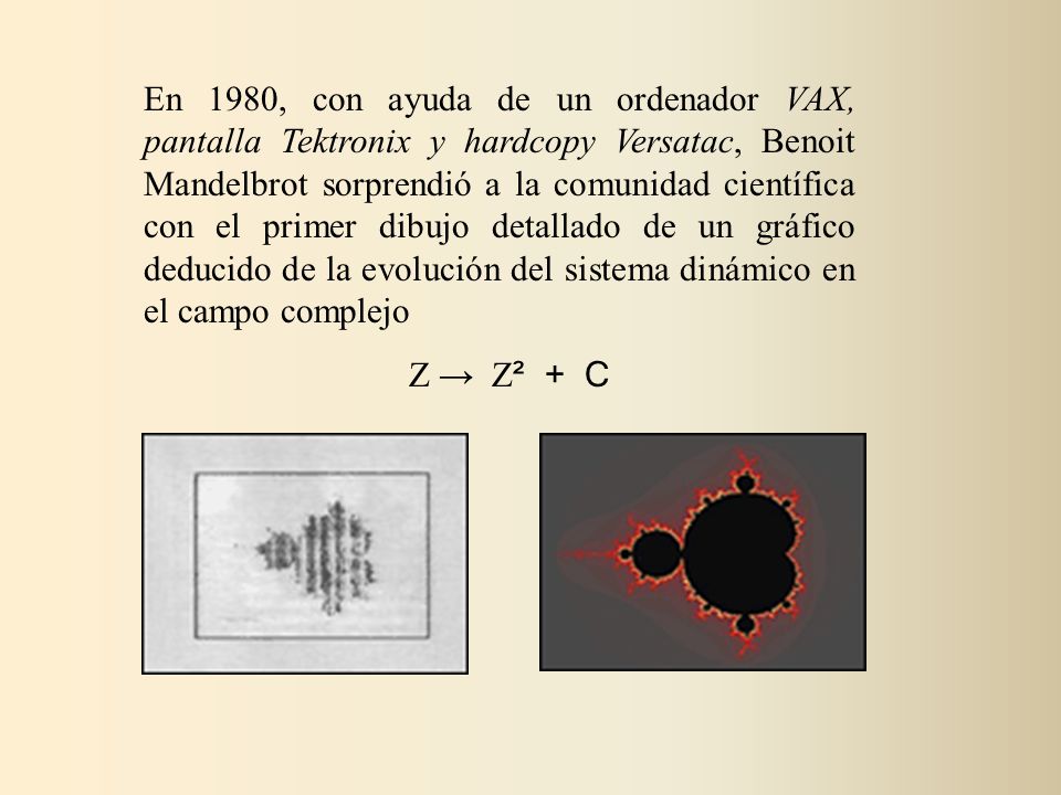 En 1980, con ayuda de un ordenador VAX, pantalla Tektronix y hardcopy Versatac, Benoit Mandelbrot sorprendió a la comunidad científica con el primer dibujo detallado de un gráfico deducido de la evolución del sistema dinámico en el campo complejo