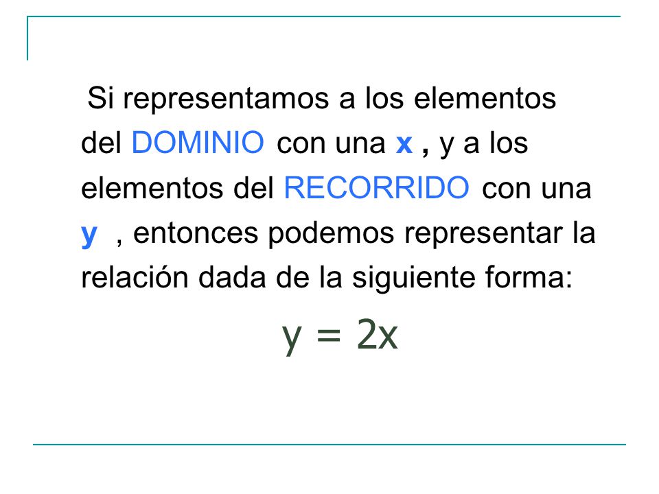 Si representamos a los elementos del DOMINIO con una x , y a los elementos del RECORRIDO con una y , entonces podemos representar la relación dada de la siguiente forma: