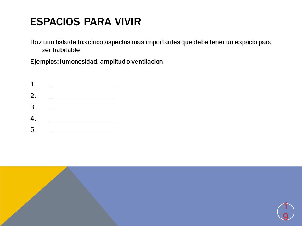 Espacios para vivir Haz una lista de los cinco aspectos mas importantes que debe tener un espacio para ser habitable.
