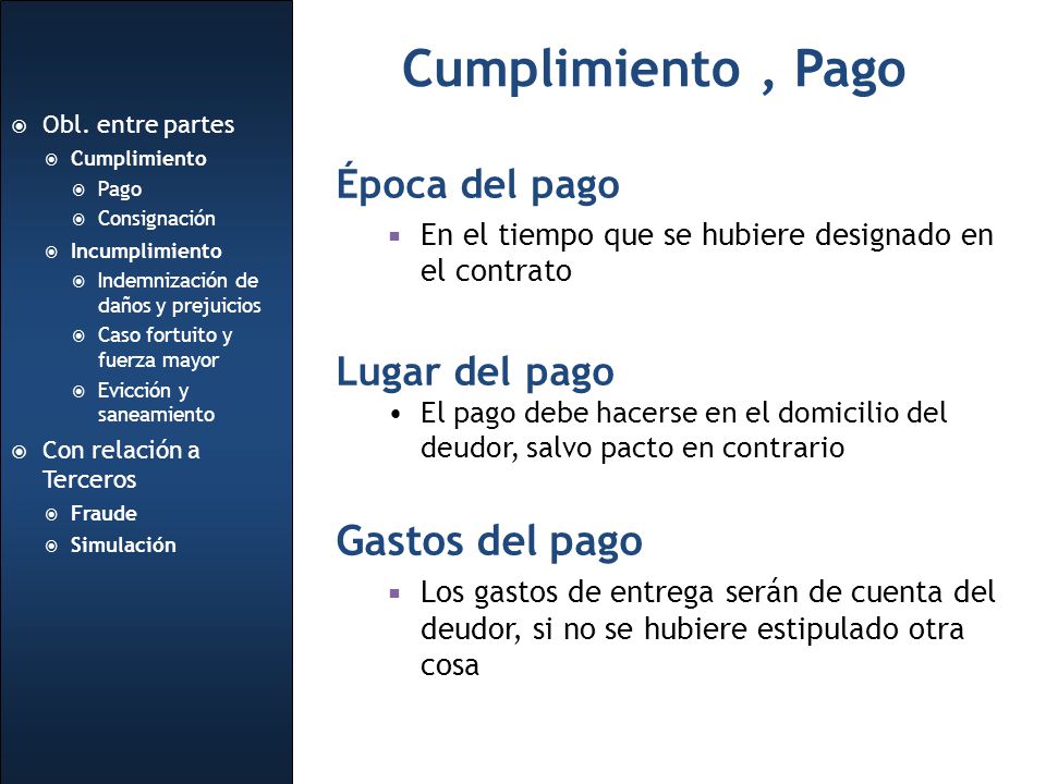 Cumplimiento , Pago Gastos del pago Época del pago Lugar del pago