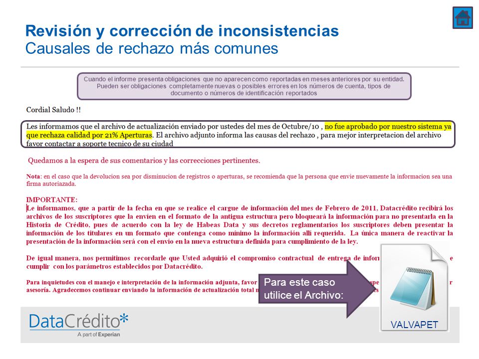 Revisión y corrección de inconsistencias Causales de rechazo más comunes