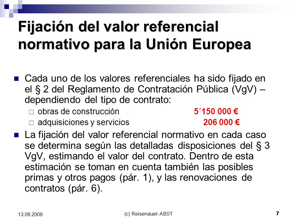 Fijación del valor referencial normativo para la Unión Europea
