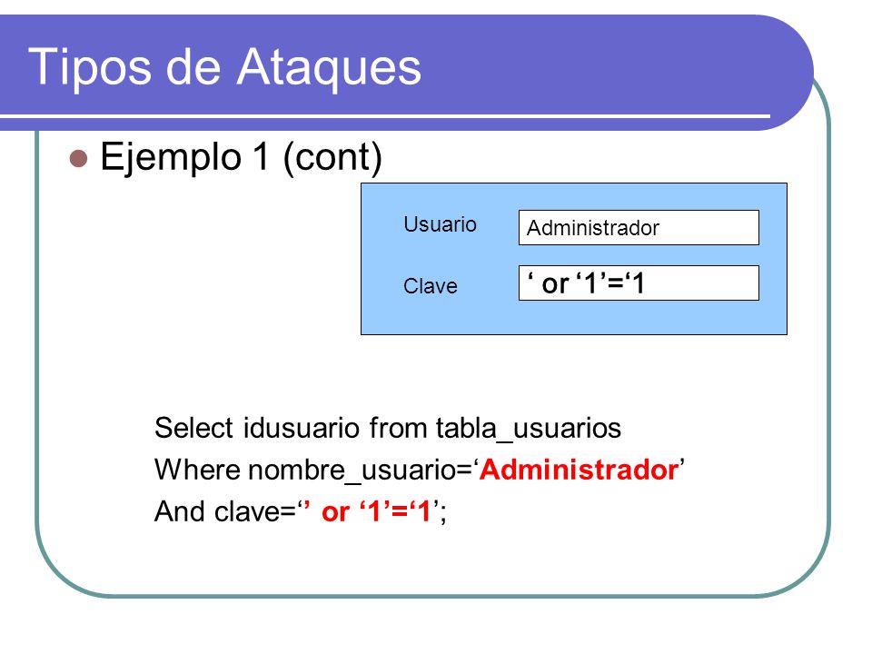 Tipos de Ataques Ejemplo 1 (cont) Select idusuario from tabla_usuarios