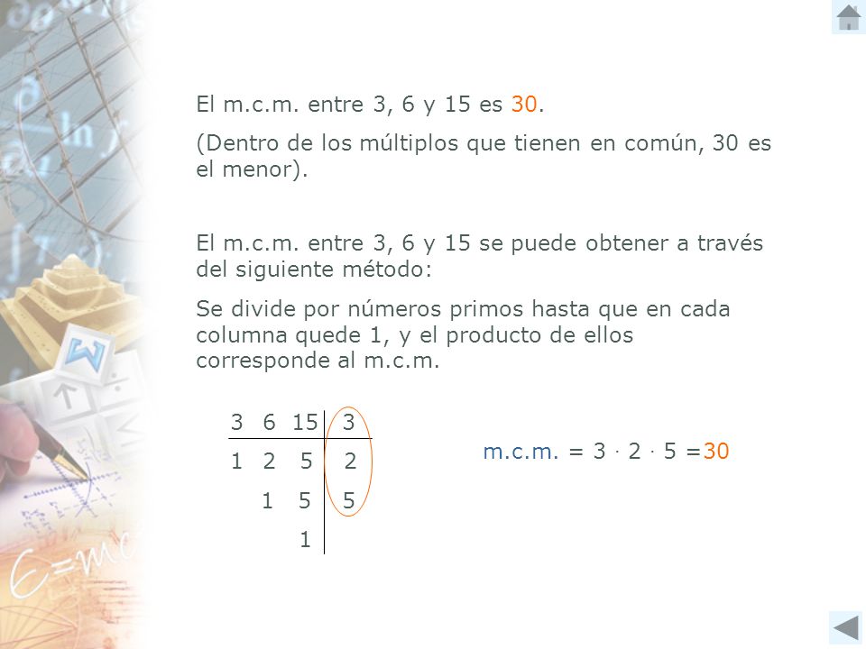 El m.c.m. entre 3, 6 y 15 es 30. (Dentro de los múltiplos que tienen en común, 30 es el menor).
