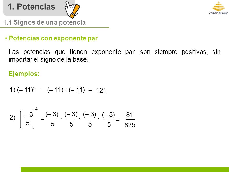 1. Potencias 1.1 Signos de una potencia Potencias con exponente par