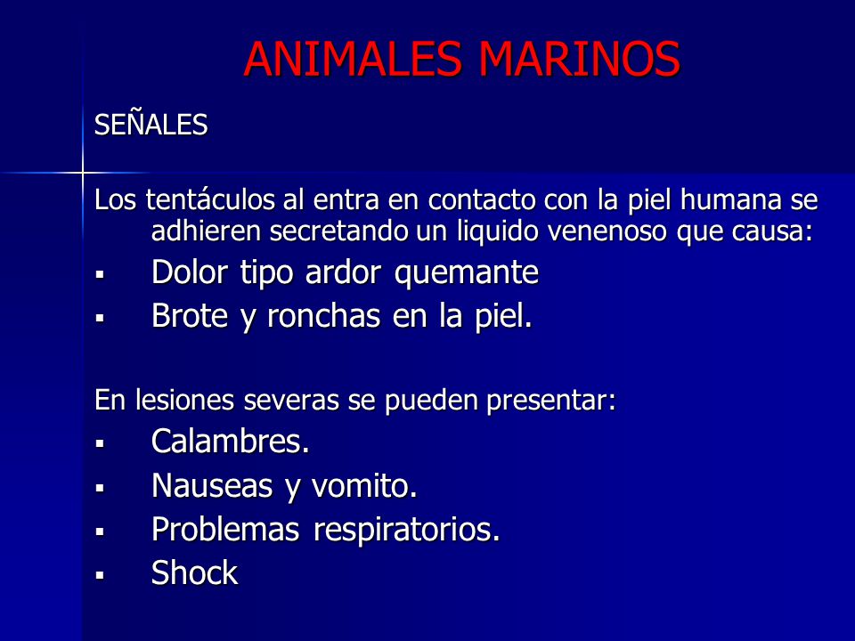 ANIMALES MARINOS Dolor tipo ardor quemante Brote y ronchas en la piel.
