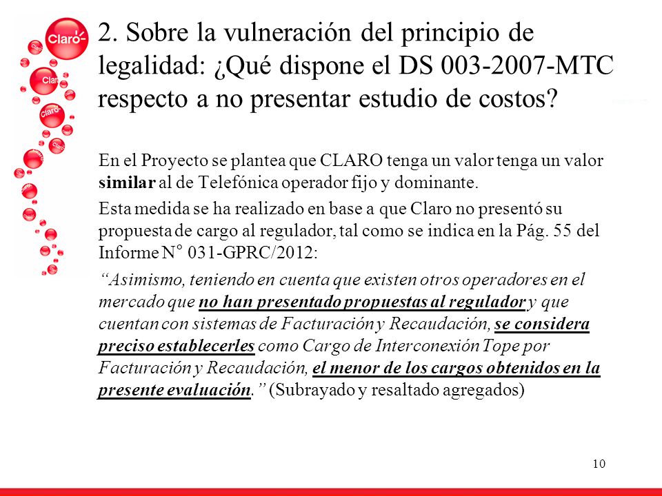 2. Sobre la vulneración del principio de legalidad: ¿Qué dispone el DS MTC respecto a no presentar estudio de costos