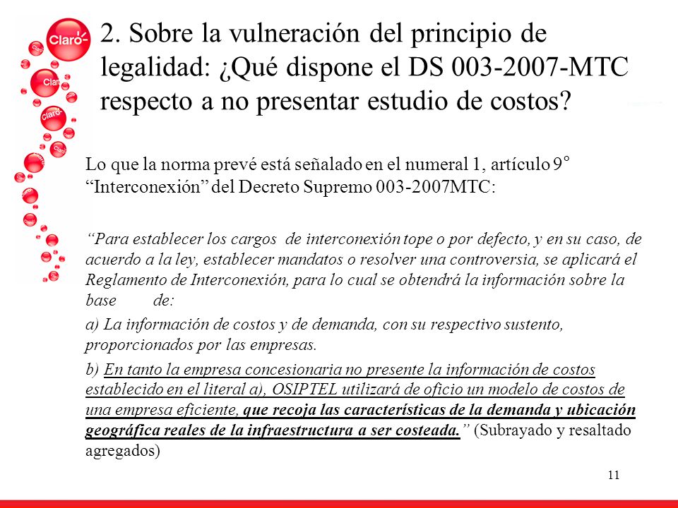 2. Sobre la vulneración del principio de legalidad: ¿Qué dispone el DS MTC respecto a no presentar estudio de costos