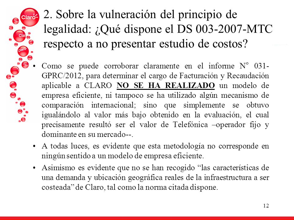 2. Sobre la vulneración del principio de legalidad: ¿Qué dispone el DS MTC respecto a no presentar estudio de costos