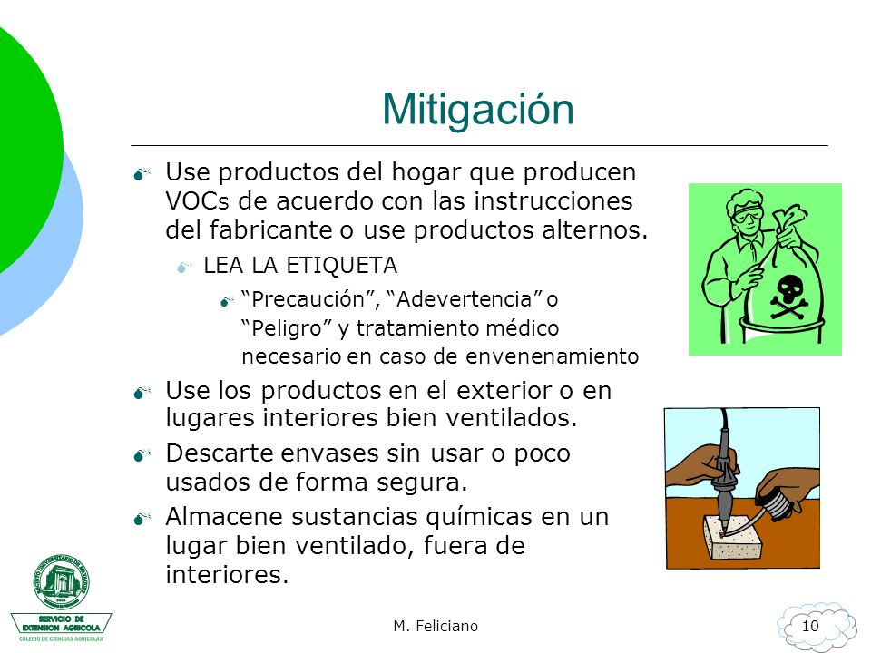 Mitigación Use productos del hogar que producen VOCS de acuerdo con las instrucciones del fabricante o use productos alternos.