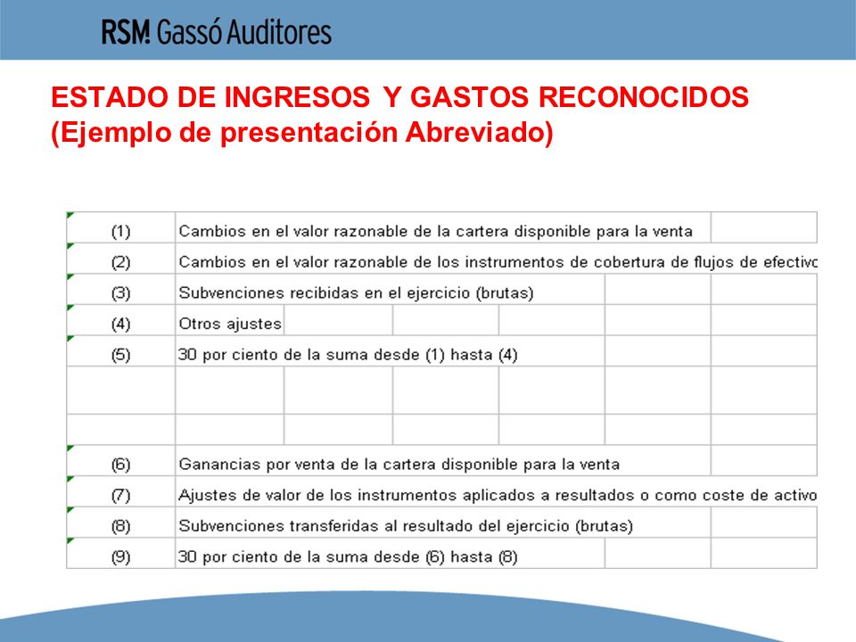 ESTADO DE INGRESOS Y GASTOS RECONOCIDOS (Ejemplo de presentación Abreviado)