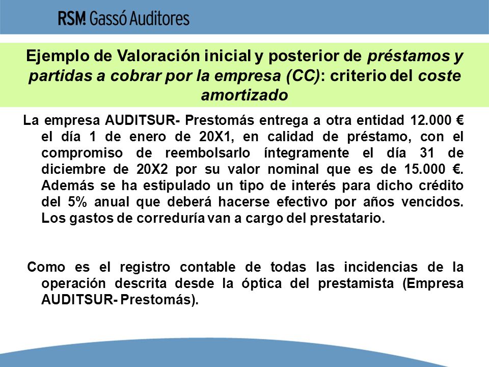 Ejemplo de Valoración inicial y posterior de préstamos y partidas a cobrar por la empresa (CC): criterio del coste amortizado