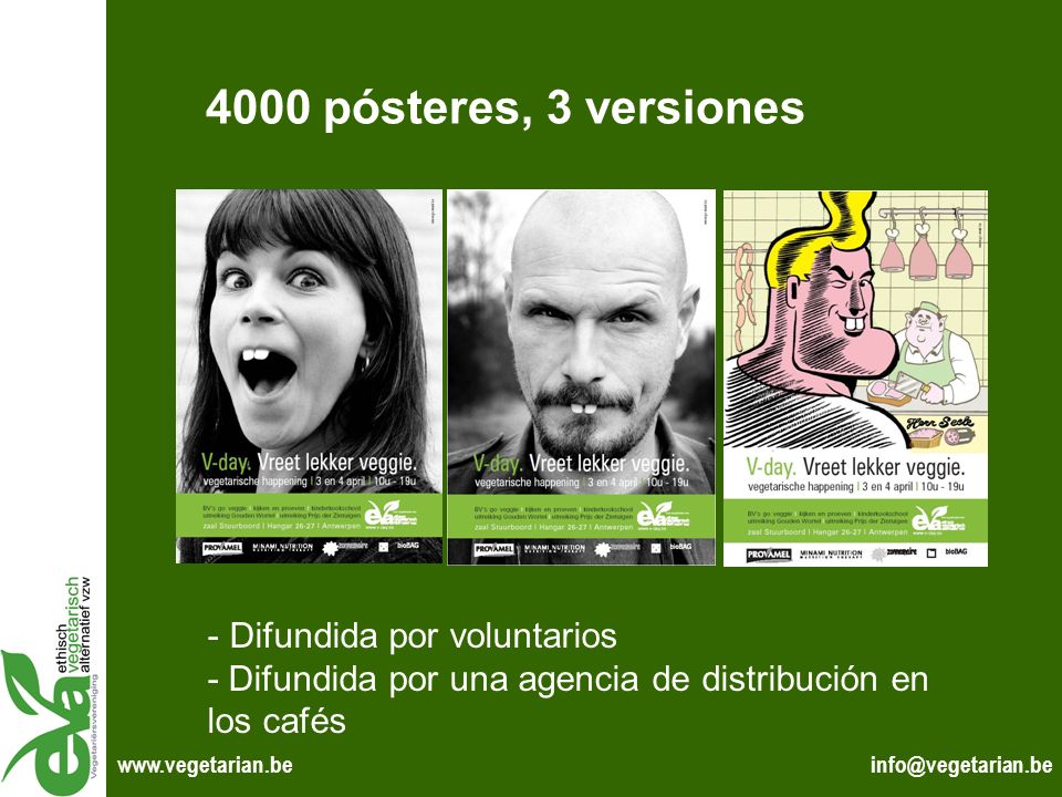 4000 pósteres, 3 versiones Difundida por voluntarios - Difundida por una agencia de distribución en los cafés.