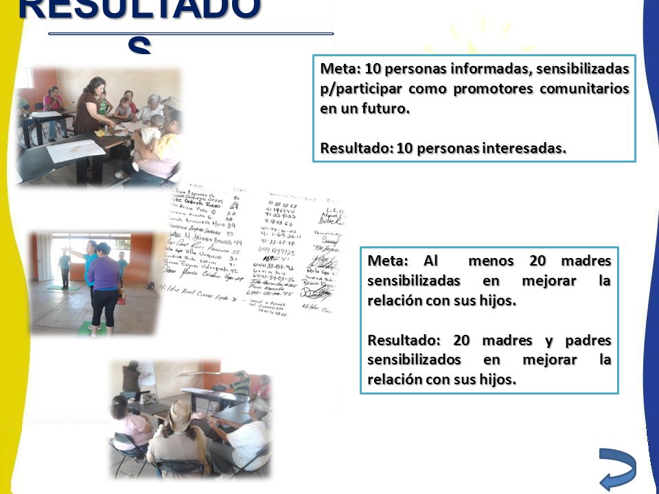 RESULTADOS Meta: 10 personas informadas, sensibilizadas p/participar como promotores comunitarios en un futuro.