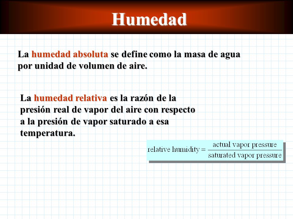 Humedad La humedad absoluta se define como la masa de agua por unidad de volumen de aire.