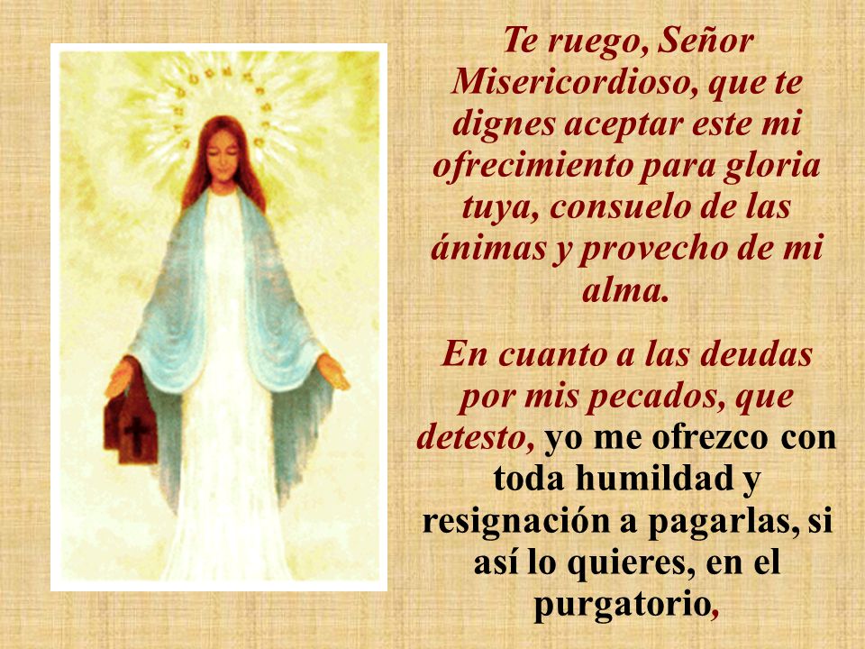 Te ruego, Señor Misericordioso, que te dignes aceptar este mi ofrecimiento para gloria tuya, consuelo de las ánimas y provecho de mi alma.