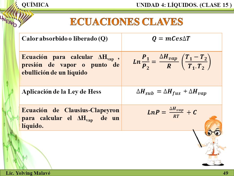 ECUACIONES CLAVES Calor absorbido o liberado (Q) 𝑸=𝒎𝑪𝒆𝒔∆𝑻