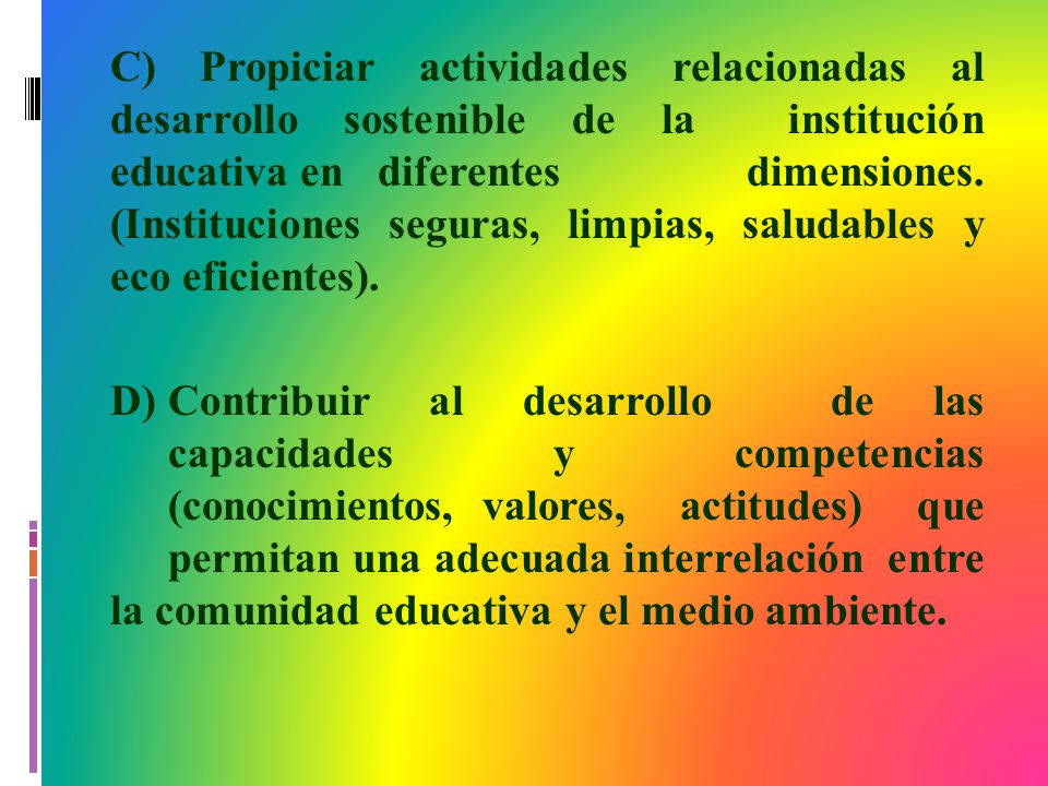 C) Propiciar actividades relacionadas al desarrollo sostenible de la institución educativa en diferentes dimensiones.