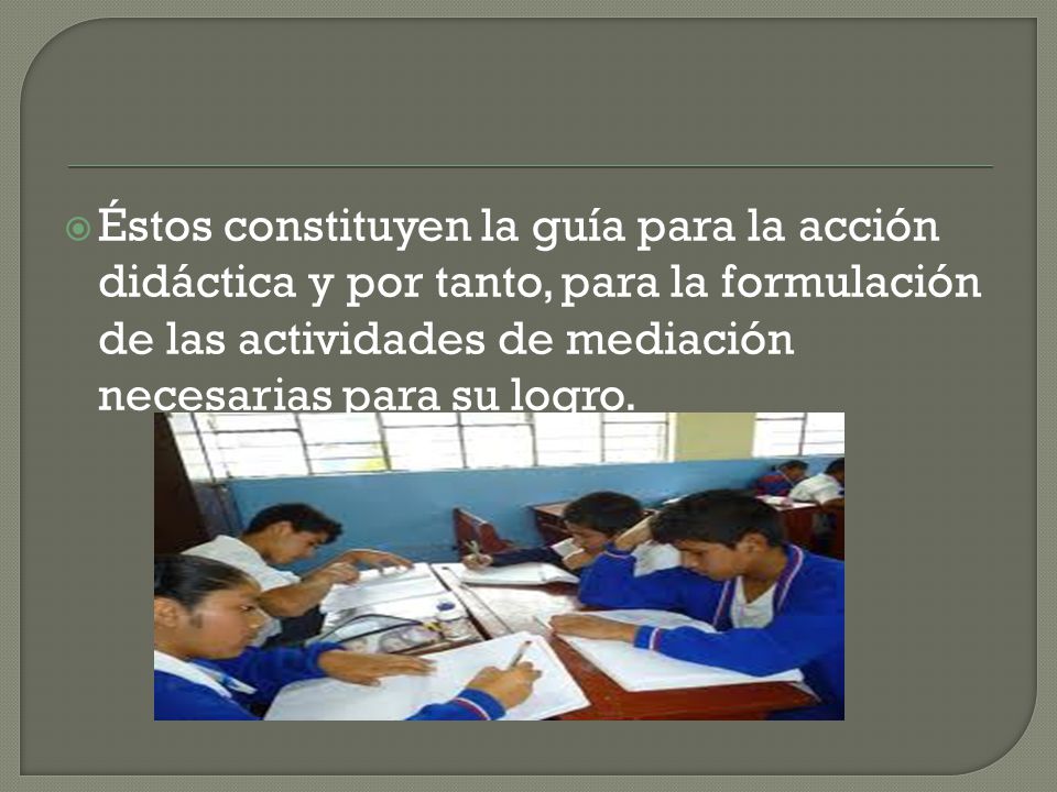 Éstos constituyen la guía para la acción didáctica y por tanto, para la formulación de las actividades de mediación necesarias para su logro.