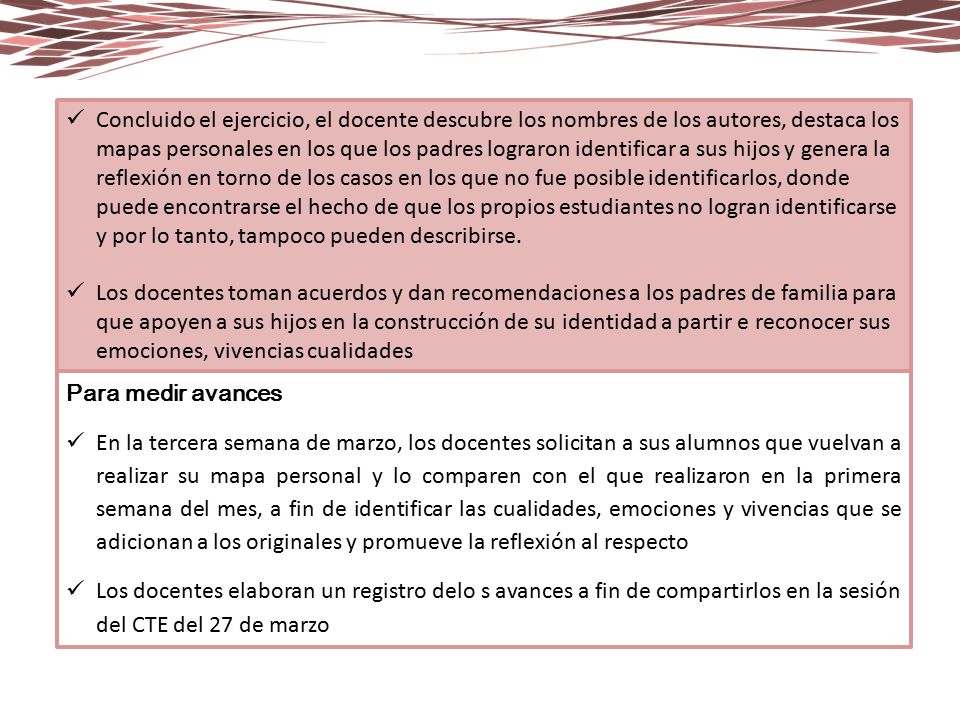 Concluido el ejercicio, el docente descubre los nombres de los autores, destaca los mapas personales en los que los padres lograron identificar a sus hijos y genera la reflexión en torno de los casos en los que no fue posible identificarlos, donde puede encontrarse el hecho de que los propios estudiantes no logran identificarse y por lo tanto, tampoco pueden describirse.