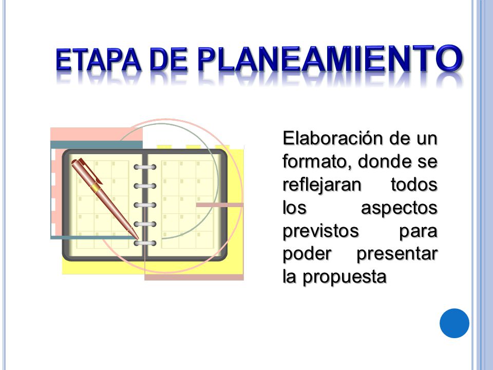 Etapa de Planeamiento Elaboración de un formato, donde se reflejaran todos los aspectos previstos para poder presentar la propuesta.