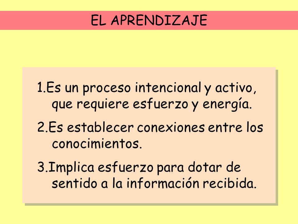 EL APRENDIZAJE 1.Es un proceso intencional y activo, que requiere esfuerzo y energía. 2.Es establecer conexiones entre los conocimientos.