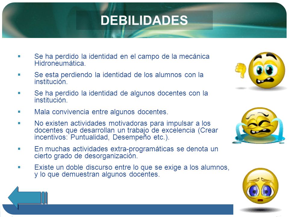 DEBILIDADES Se ha perdido la identidad en el campo de la mecánica Hidroneumática. Se esta perdiendo la identidad de los alumnos con la institución.