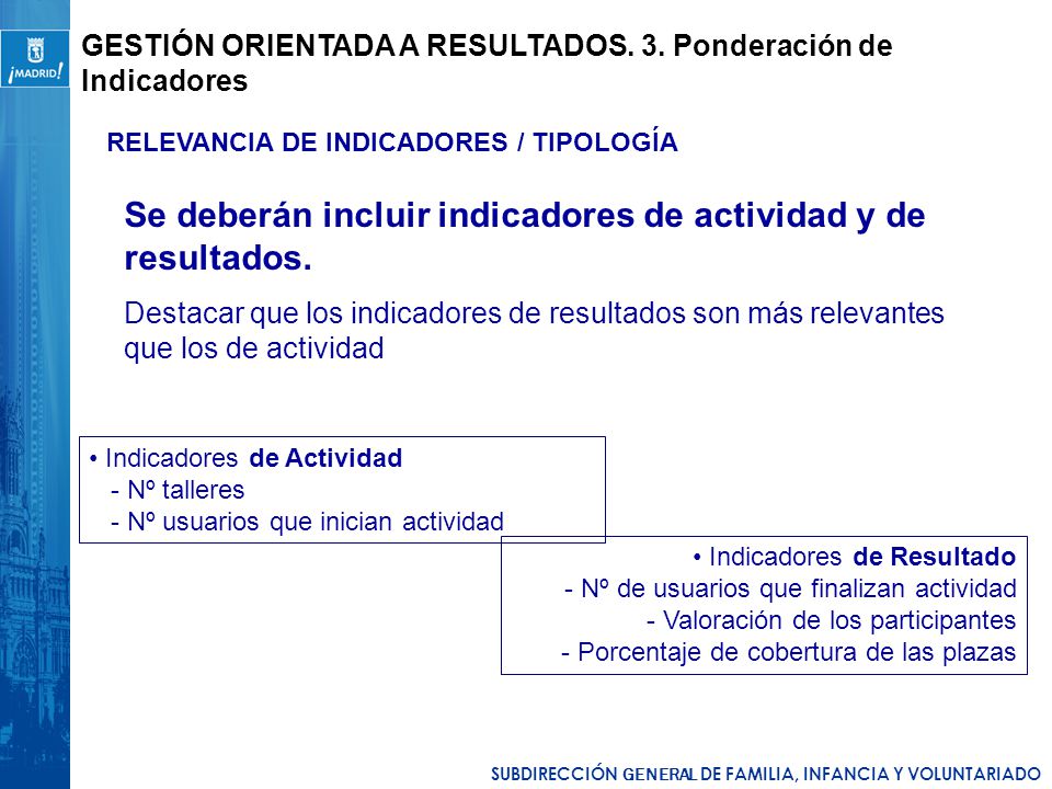 Se deberán incluir indicadores de actividad y de resultados.